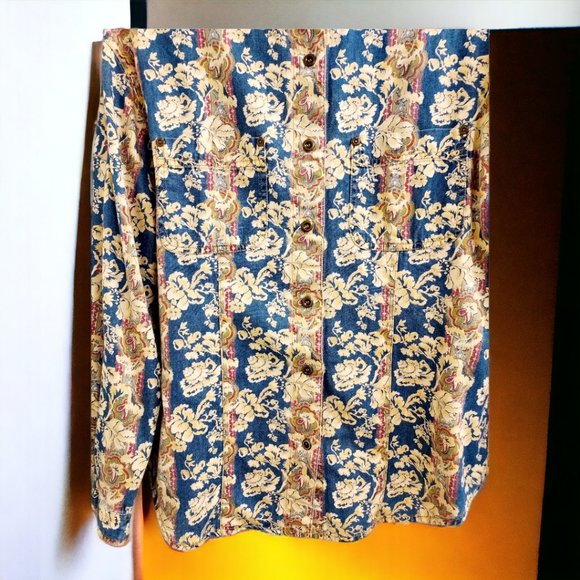 Vintage 90’s Liz Claiborne Lizwear Denim Paisley Floral Women's Blouse Sz M - Picture 6 of 9
